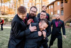 The Landmark Resort | Egg Harbor | Groomsmen celebrating a wedding outside the Carrington. Photo Credit: Tandem Photography