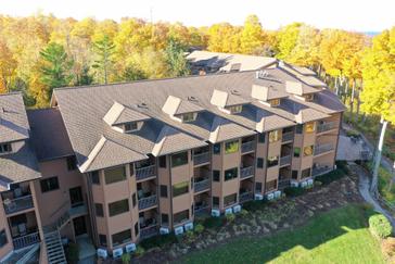 An aerial shot of the Landmark Resort surrounded by beautiful fall colors
