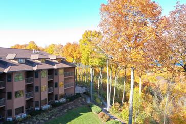 An aerial shot of the Landmark Resort surrounded by beautiful fall colors