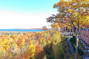 An aerial shot of the Landmark Resort surrounded by beautiful fall colors