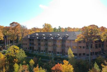 An aerial shot of the Landmark Resort surrounded by beautiful fall colors