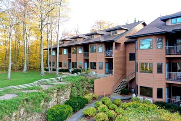 An aerial shot of the Landmark Resort surrounded by beautiful fall colors