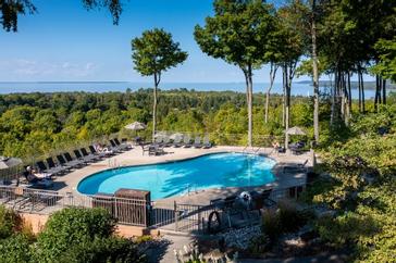 The Landmark Resort offers three heated outdoor pools, two overlooking the bay of Green Bay and one nestled in Door County's peaceful forestry