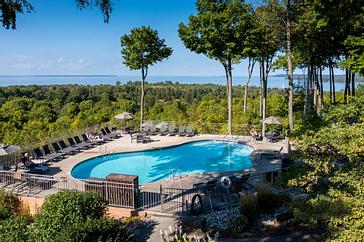 The Landmark Resort offers three heated outdoor pools, two overlooking the bay of Green Bay and one nestled in Door County's peaceful forestry
